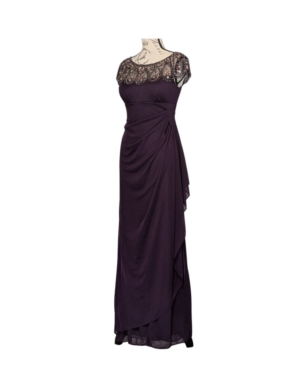Xscape Plum Embellished Evening Gown Size 6P Beaded Illusion Neckline Maxi - Picture 3 of 8
